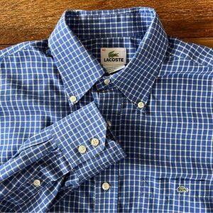 Lacoste men's long-sleeve button-down shirt blue white check cotton Large